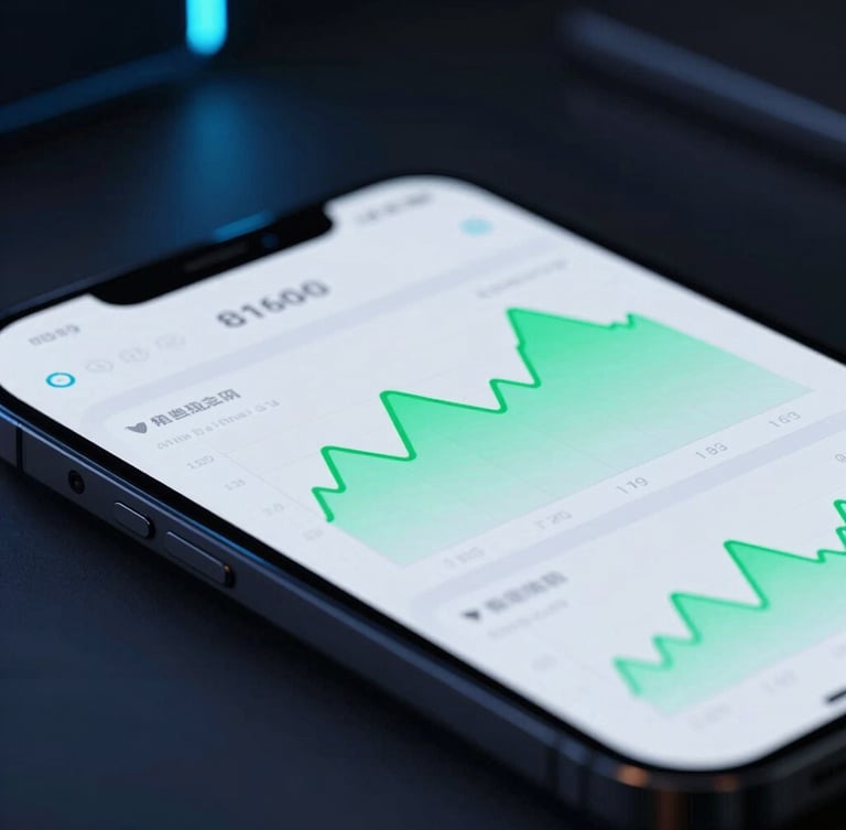 Sleek modern device showing live analytics dashboard with glowing green line charts, dramatic high-contrast studio lighting, deep shadows, neon blue accents, macro depth of field