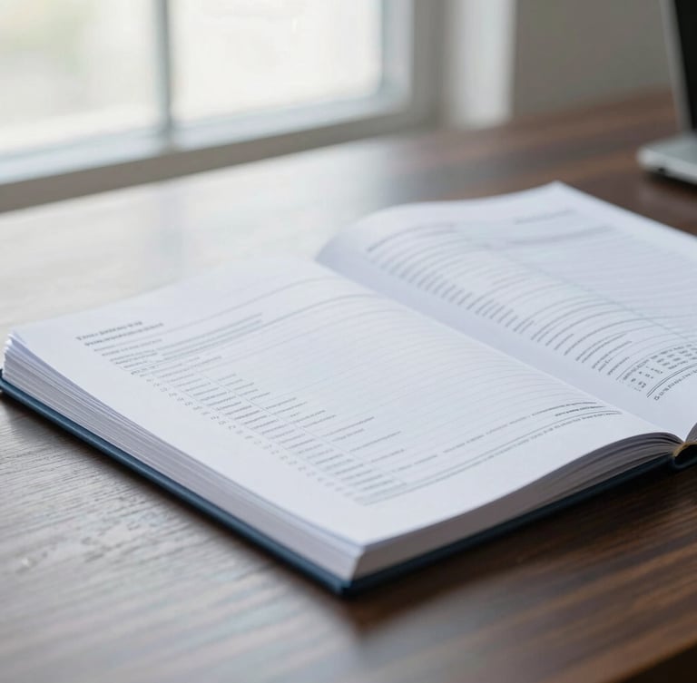 Close-up detail of structured legal ledgers and financial tax documents on a minimalist dark wood desk, soft natural window light, professional atmosphere, 50mm.