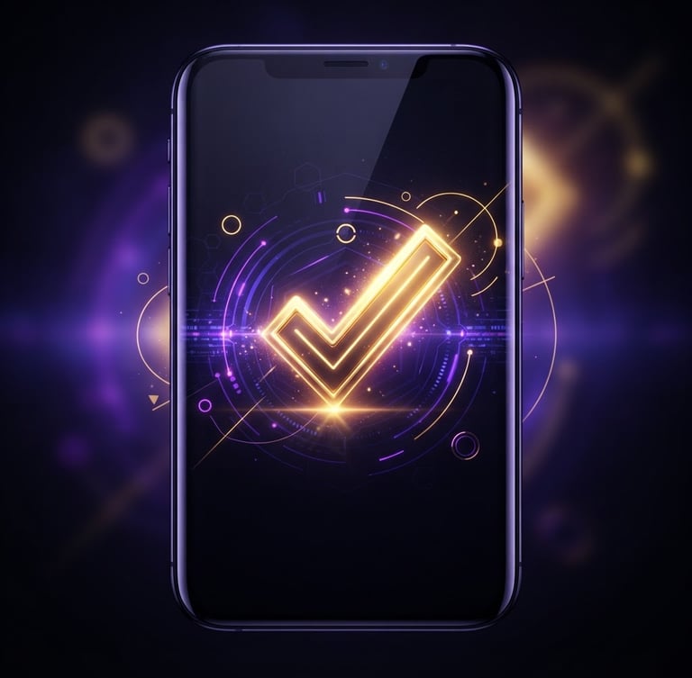 Sleek mobile screen displaying a successful transaction interface, glowing neon gold checkmark, dark obsidian background, electric purple backlights, high-contrast dramatic 3D render