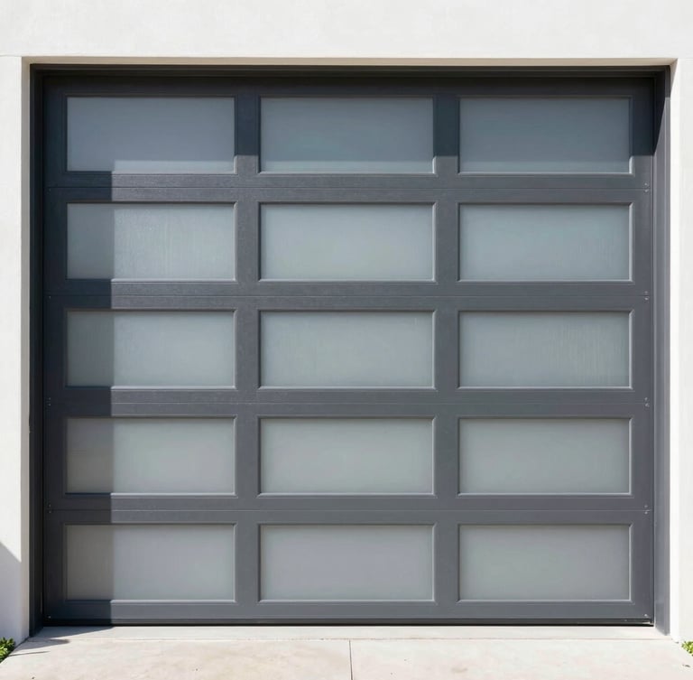 Straight-on architectural shot of a modern charcoal aluminum garage door with frosted glass panels, bright Florida daylight, clean shadows, 35mm lens