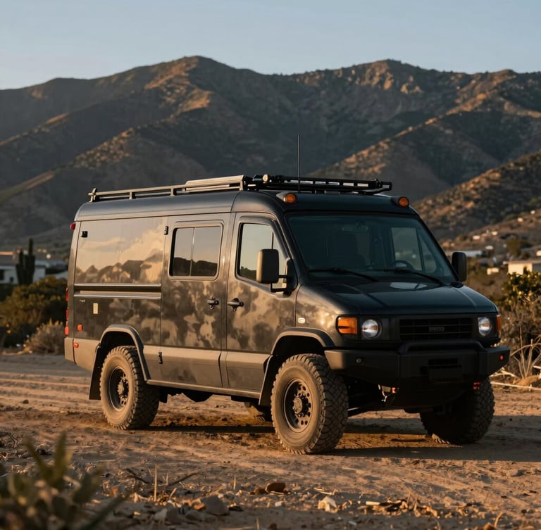 A rugged black mobile production vehicle parked on a dirt pullout in Trabuco Canyon, dramatic golden hour side-lighting, mountains in the background, crisp 35mm lens