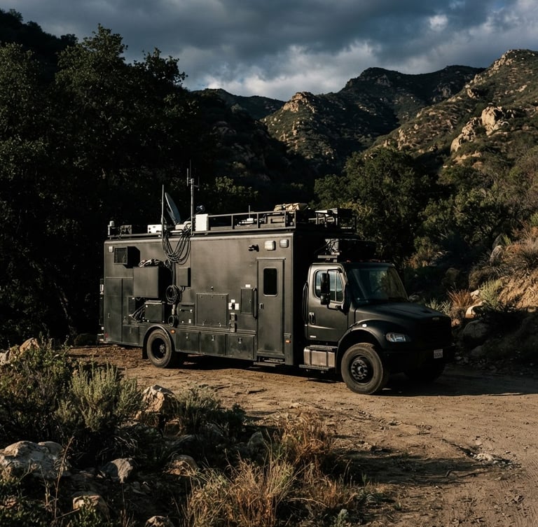 Specialized black mobile production truck parked in Trabuco Canyon, dramatic high-contrast natural light, deep shadows, crisp industrial details, 35mm lens