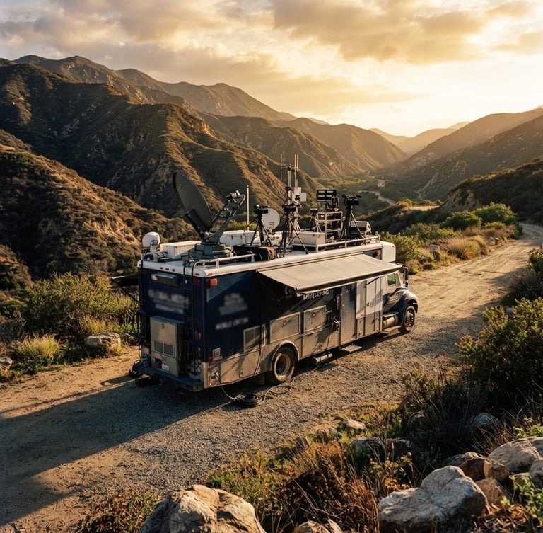 Wide-angle cinematic shot of a heavy-duty mobile production truck parked in Trabuco Canyon, rugged canyon hills in the background, dramatic late afternoon sun casting long shadows, crisp industrial details of cameras and satellite dishes mounted on the vehicle, 35mm lens