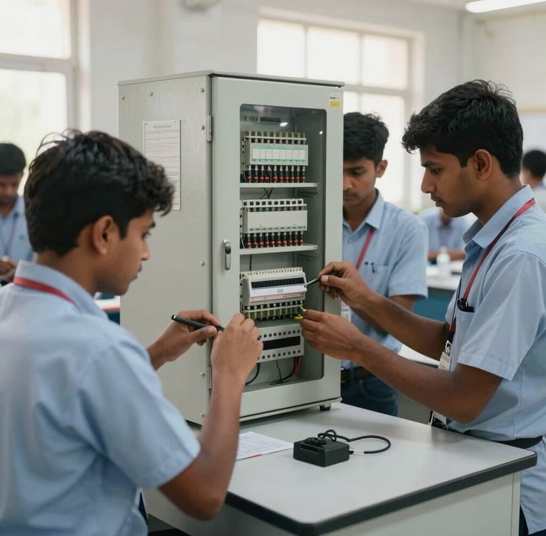 Medium shot of active vocational training lab in Rajasthan, young adult trainees working on electrical panels under bright natural daylight, clean institutional environment
