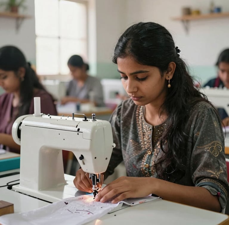 Medium shot of a young woman operating a modern sewing machine in a bright, naturally lit vocational training center in Rajasthan, clear focus on her hands guiding the fabric.