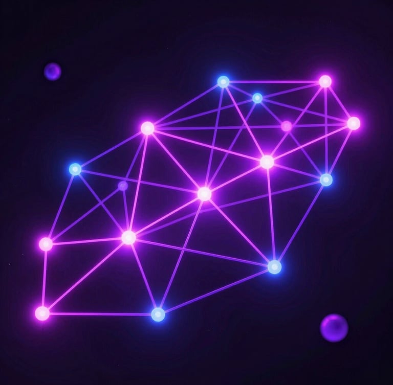 Sleek abstract 3D render of interconnected glowing nodes, vector network lines mapping a digital universe, dark obsidian background, vibrant neon violet and magenta emissive glows, cinematic lighting, octane render