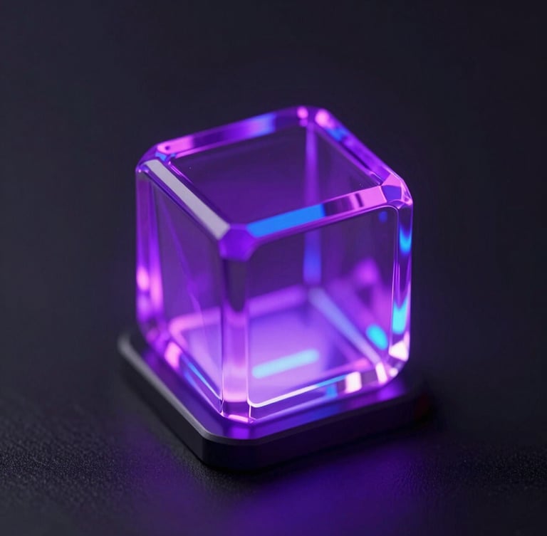 Macro close-up of a glowing glassmorphic gateway node, dark obsidian background, vibrant neon purple and blue emissive glows, cinematic lighting, octane render