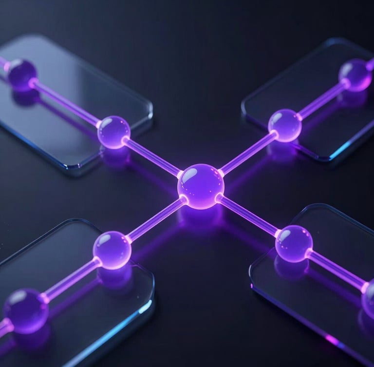Sleek abstract 3D render of interconnected glowing nodes and violet data streams flowing through dark glassmorphic plates, cinematic lighting