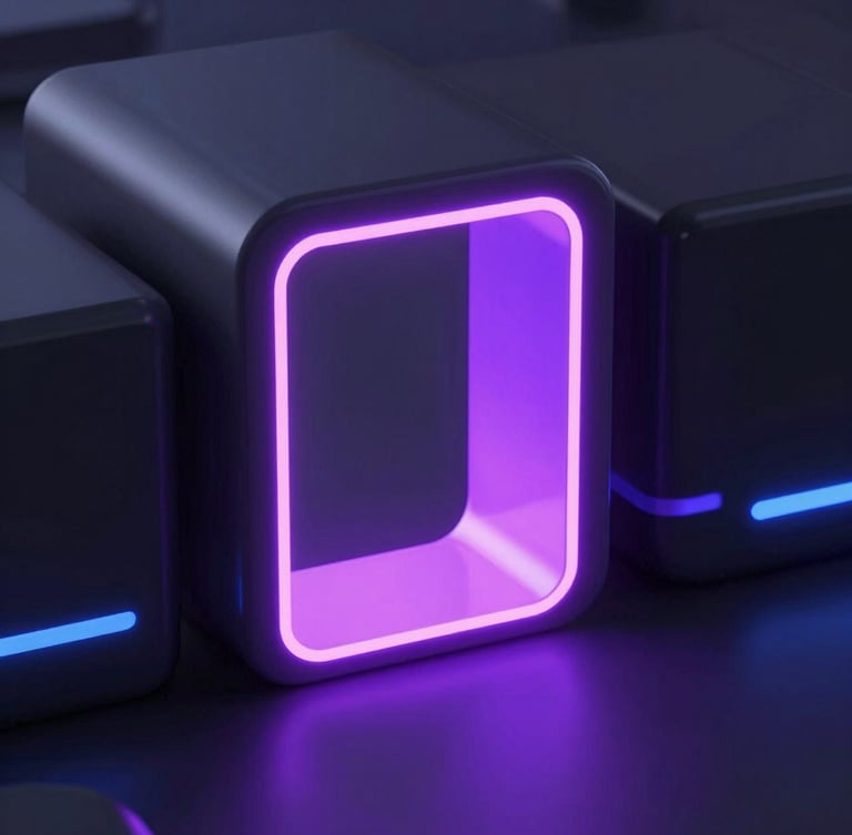Sleek abstract 3D render of a glowing violet gateway portal casting soft pink light on dark obsidian surfaces, macro view, cinematic lighting