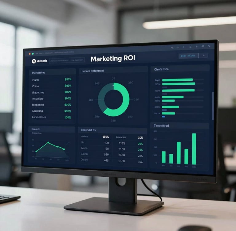 A clean modern dashboard on a monitor showing real-time marketing ROI and conversion metrics, deep navy and emerald tones, professional editorial style.