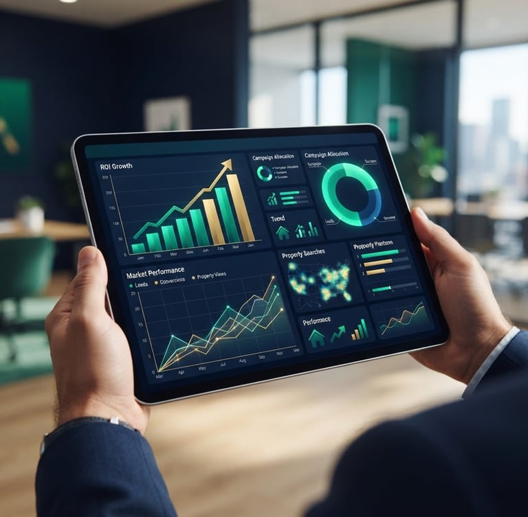 Close-up of a modern tablet showing a real estate marketing dashboard with positive ROI charts, clean office lighting, deep navy background