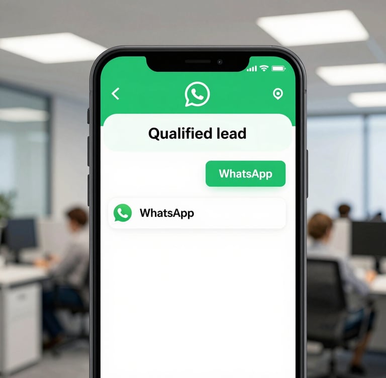 Close-up of a mobile screen showing qualified lead data on a WhatsApp chat, clean office lighting, emerald green accents, professional editorial style.