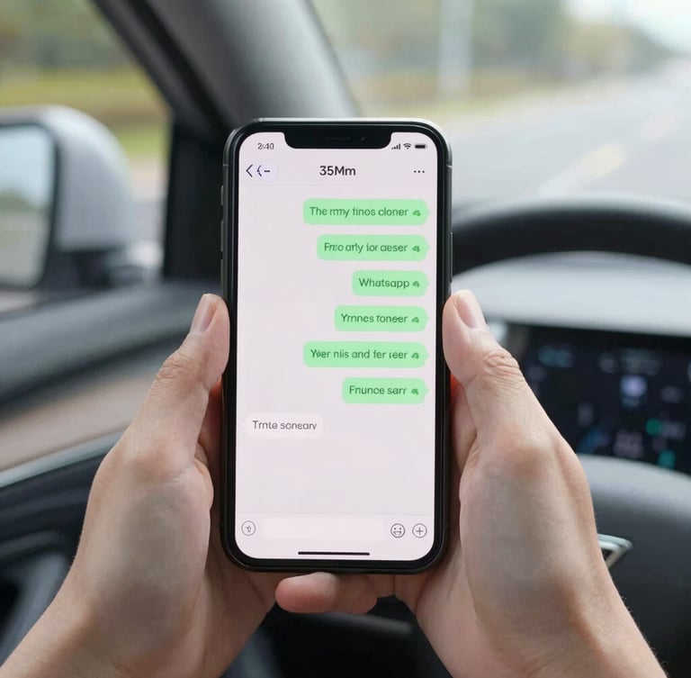 First-person POV of a driver holding a smartphone with a clean WhatsApp chat screen inside a modern car, bright natural daylight, 35mm