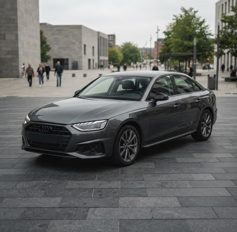 Clean automotive photography of a modern sedan parked in an open plaza, soft overcast daylight, neutral desaturated tones, sharp focus, 35mm lens, realistic details
