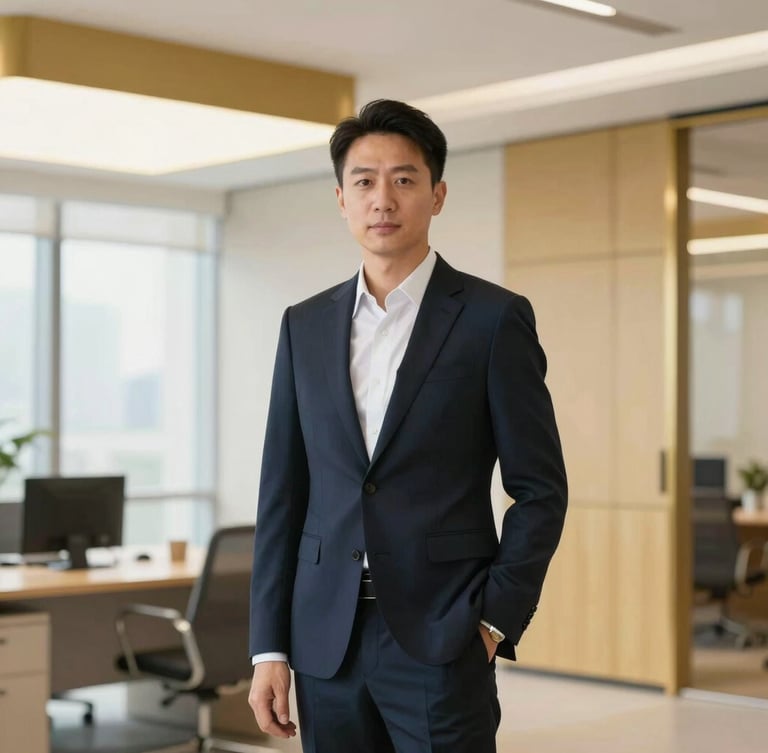A professional corporate leader in a modern, well-lit architectural office setting, warm gold accents, sharp focus, 35mm