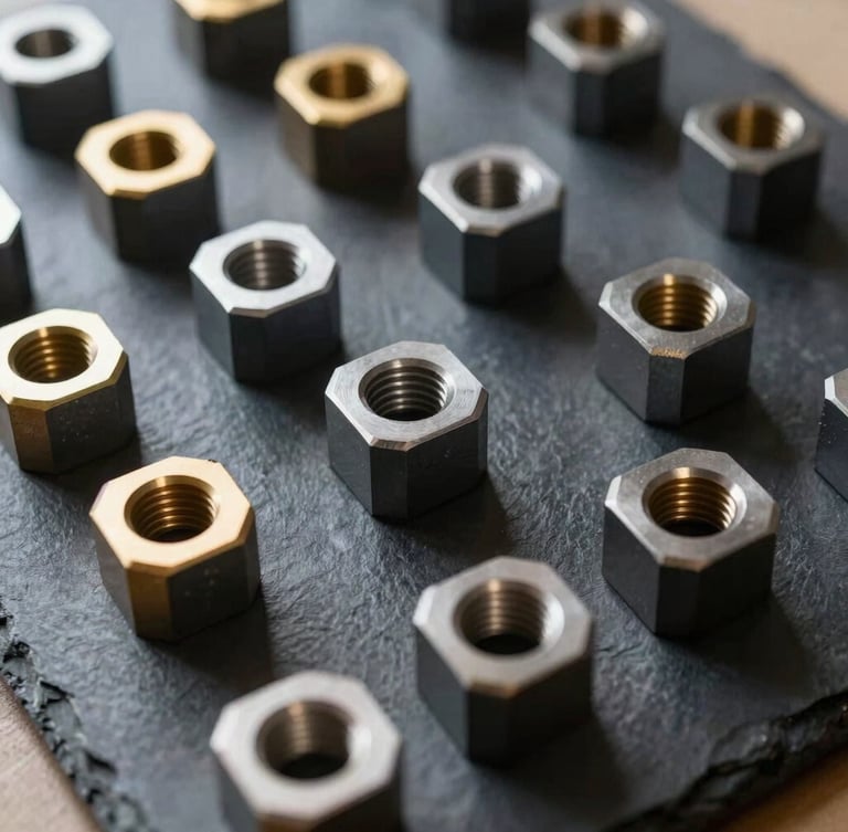 Close-up of high-quality industrial steel components neatly arranged on a dark slate surface, warm gold lighting accentuating the metallic edges, sharp focus, 35mm