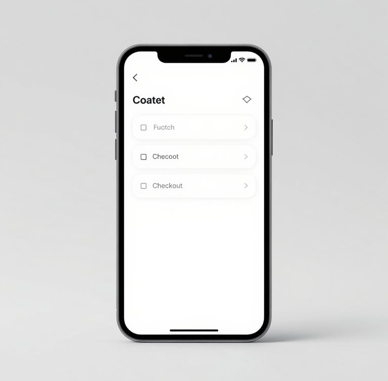 Straight-on high-fidelity mobile device mockup showing a clean one-step checkout interface with minimal form fields, soft studio lighting, subtle shadows, on a light gray background