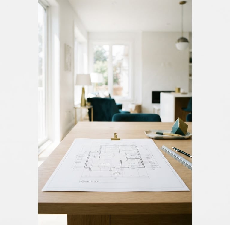 Portrait crop of a modern, bright renovated interior, spacious room with white walls, natural daylight casting soft shadows, a professional blueprint resting on a light oak table, clean focus, 35mm