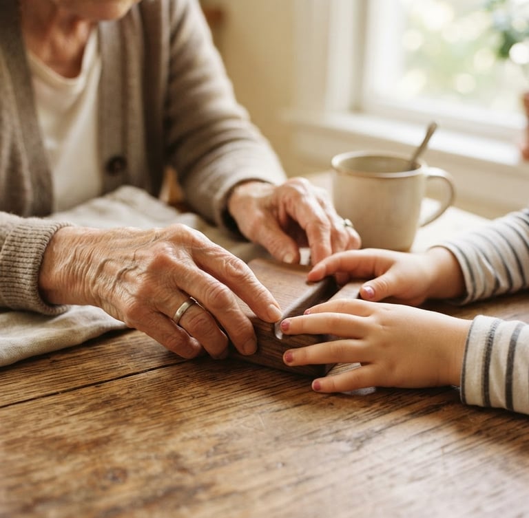 A close-up portrait of elderly hands and young hands together arranging a warm walnut phone stand on a sunlit wooden kitchen table, soft morning light, shallow depth of field, 35mm