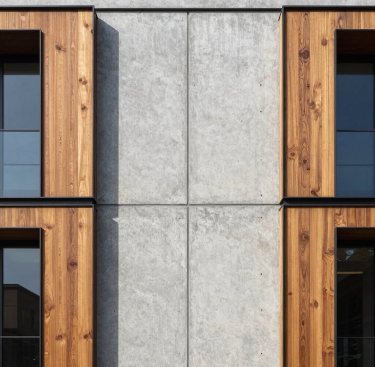 Symmetrical architectural elevation of a modern residential facade, raw concrete wall meeting warm timber panels with a clean vertical seam, natural bright daylight casting sharp geometric shadows, high-resolution architectural photography