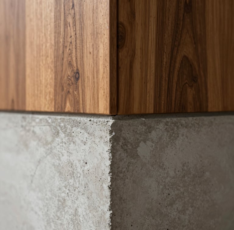 Close-up of a seamless corner transition where raw board-formed concrete meets a warm walnut wood panel, natural side lighting emphasizing texture