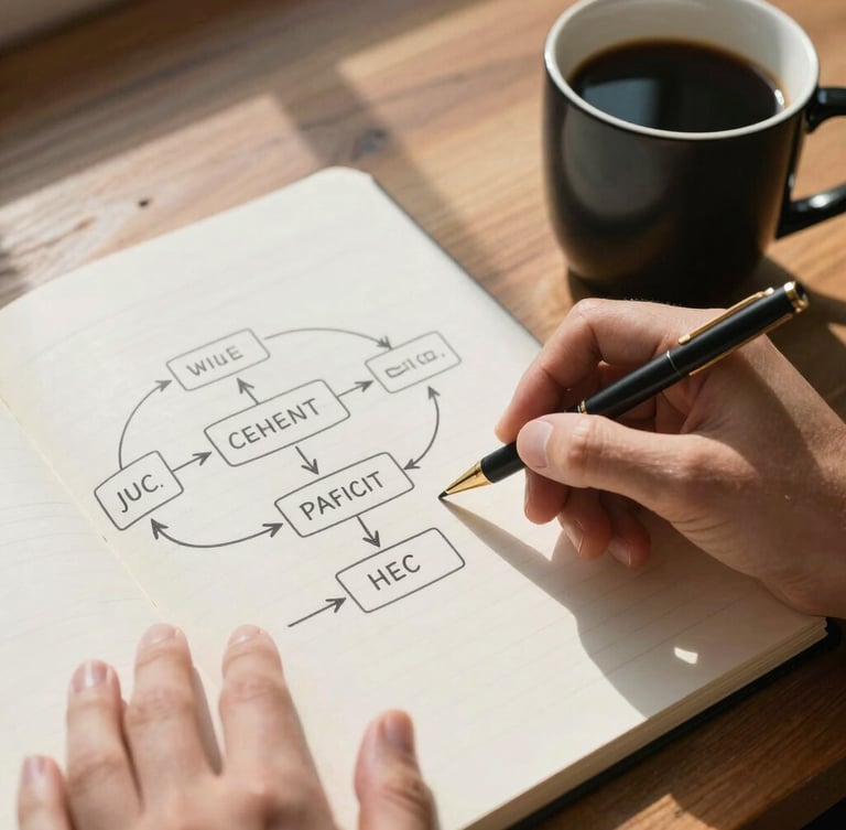 A close-up of hands drawing a clean flowchart on a notepad next to a black coffee cup, natural afternoon light casting long shadows across a wooden desk.