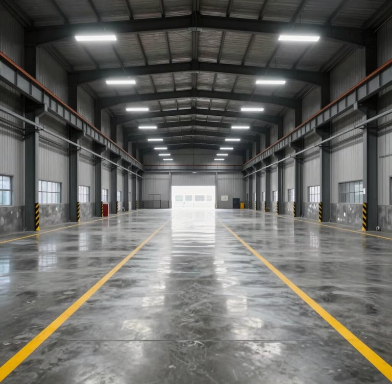 Symmetrical wide shot of a pristine, freshly detailed industrial warehouse floor, glossy polished concrete reflecting high bay lights, yellow safety lines painted on the ground.