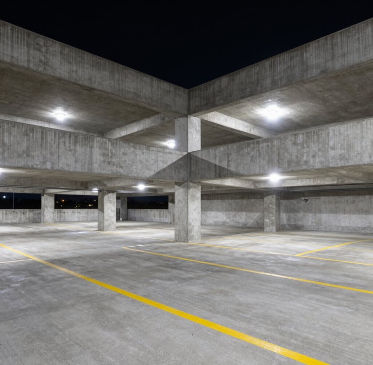 Wide-angle architectural shot of a multi-level concrete parking structure at night, stark high-contrast sodium lighting casting dramatic shadows, pristine clean concrete surface with bright yellow striping, no vehicles.