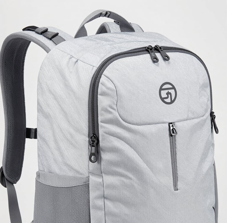 Bright high-key product photography of a technical travel backpack showing reinforced seams and heavy-duty zippers, clean neutral studio background, 50mm