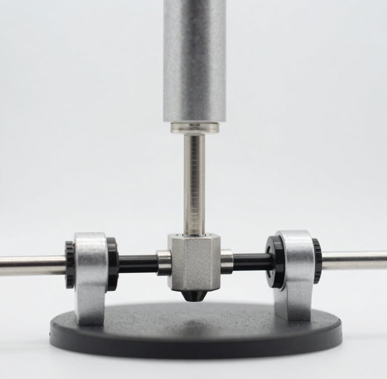 Crisp macro photography of a mechanical stress-testing rig compressing a durable product joint, bright high-key studio lighting, clean background, 50mm