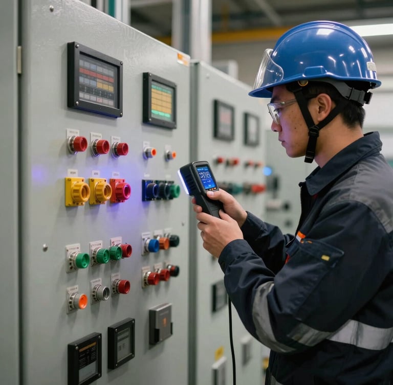 A certified technician in safety gear using a thermal imaging camera to inspect a complex industrial control panel, high-contrast workshop lighting