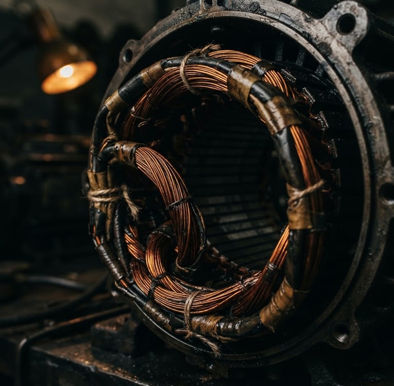 Close-up macro shot of copper wiring inside a heavy-duty industrial electric motor, dramatic high-contrast workshop lighting with deep charcoal shadows and safety amber highlights, sharp focus, 35mm lens.