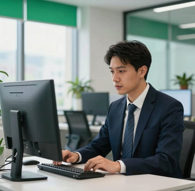 A focused Moroccan professional analyzing marketing data on a screen in a modern bright office, clean corporate setup, emerald green accents, professional corporate photography