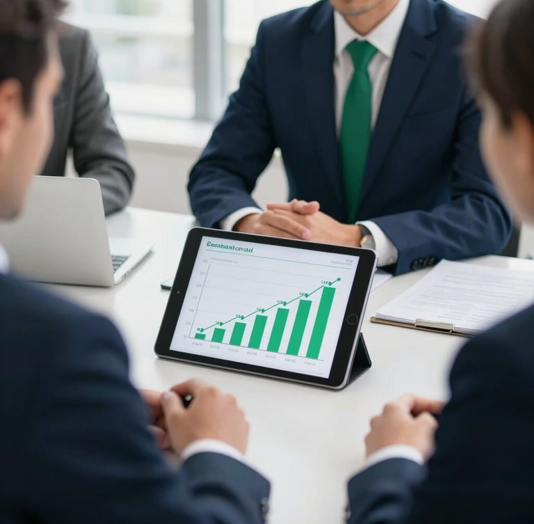 A professional Moroccan business meeting in Casablanca, over-the-shoulder view of a tablet showing growth charts, bright natural office daylight, sharp focus, navy and emerald tones, professional 35mm photography