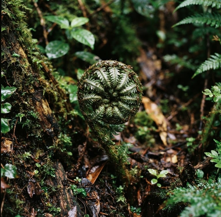 Macro photograph of a silver fern frond unfurling in the damp undergrowth of the Waitākere Ranges, soft diffused forest canopy light, deep moss greens, 35mm