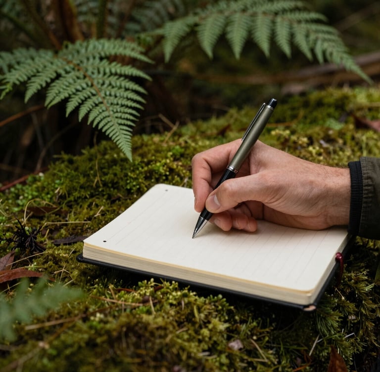 Close-up of a writer's hand holding a pen over a journal, surrounded by native New Zealand ferns and moss, soft diffused light.