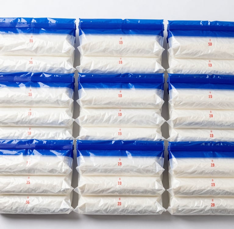 Overhead flat-lay of neatly stacked heavy-duty plastic security bags, precise red numbering visible, bright studio lighting, clean corporate aesthetic