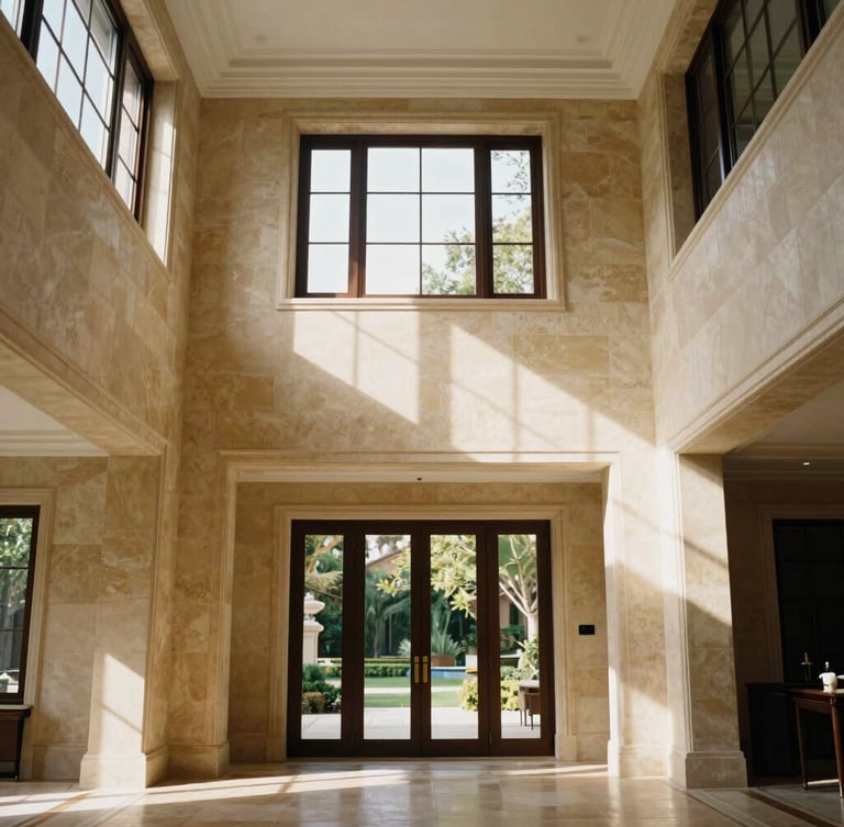 Symmetrical wide-angle shot of a luxury residential interior with double-height ceilings, natural window light casting dramatic shadows on warm cream limestone walls, medium format film.