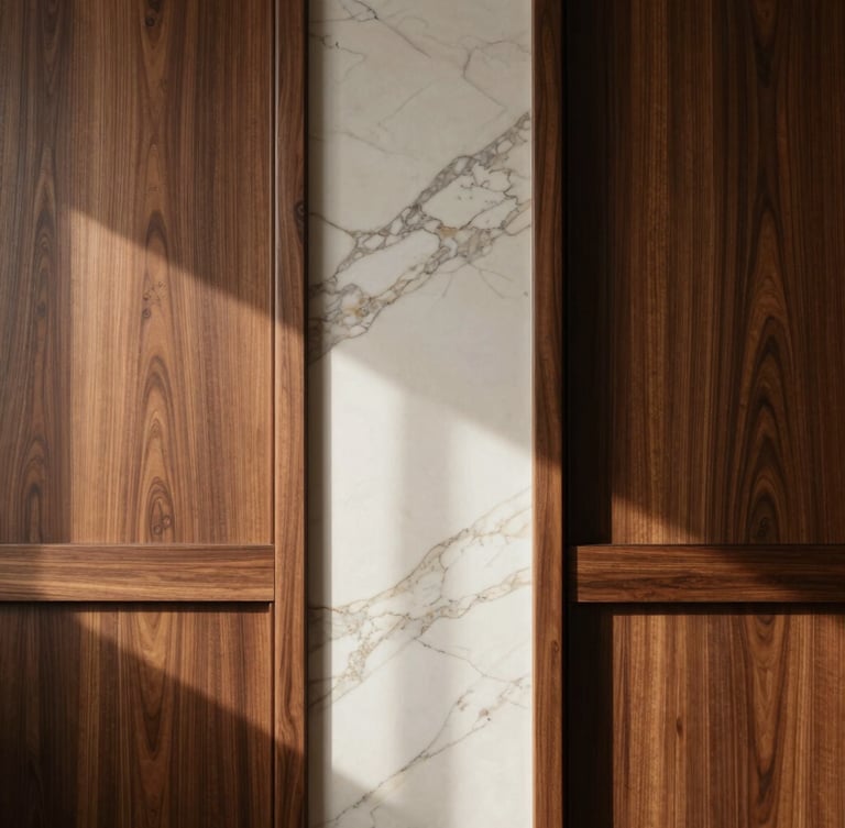 Symmetrical medium shot of custom luxury walnut joinery and marble textures, natural side lighting, rich saturated tones, high-end editorial.