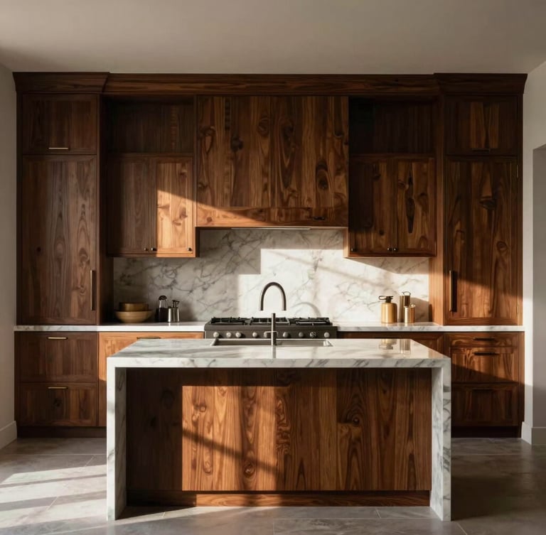 Symmetrical architectural photography of a luxury modern kitchen with custom dark oak cabinetry, marble waterfall island, natural window light casting dramatic shadows.