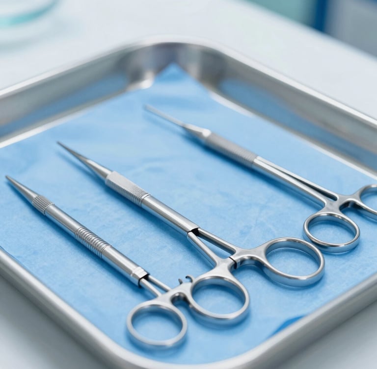 Close-up of sterile stainless steel surgical instruments arranged on a clean blue medical tray, bright clinical lighting, sharp focus