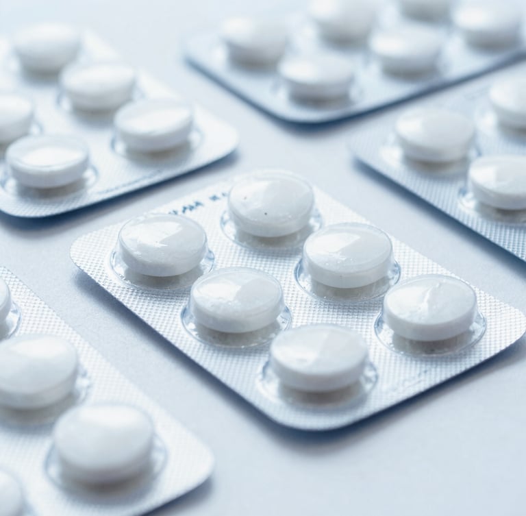 Macro shot of sterile pharmaceutical blister packs on a clean white surface, bright clinical lighting, cool blue tones, sharp focus, 50mm lens