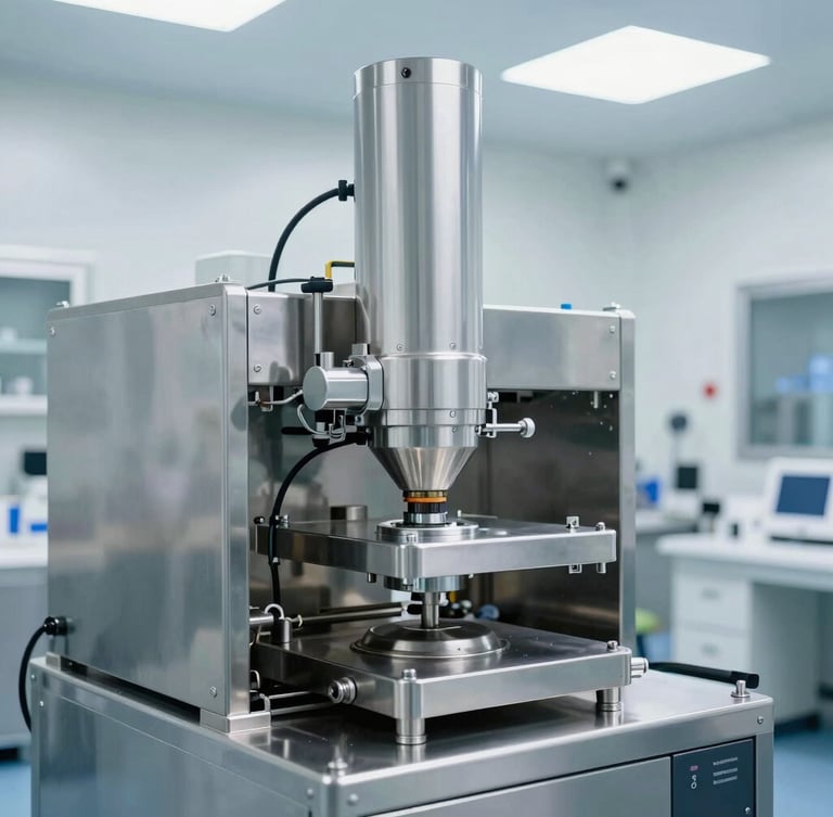 High-tech pharmaceutical cleanroom with stainless steel manufacturing machinery, bright clinical white light, sterile environment, sharp focus