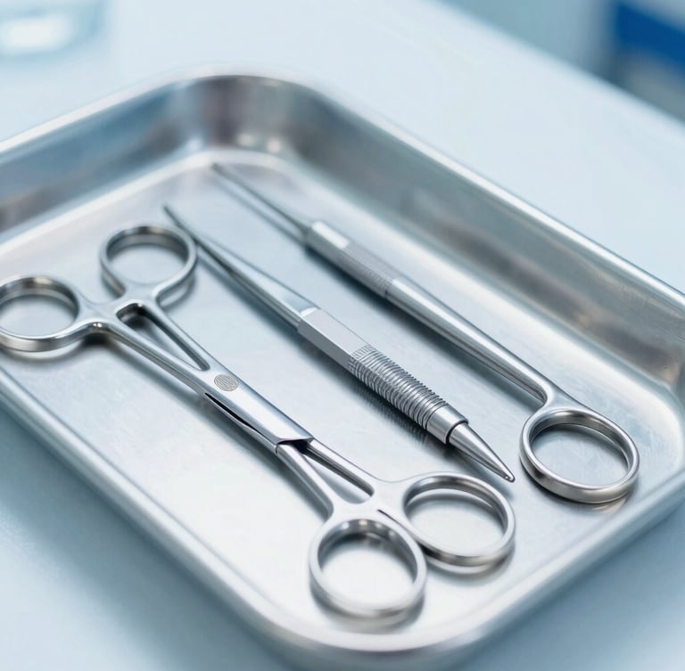 Close-up of sterile stainless steel surgical instruments arranged neatly on a clinical tray, bright sterile lighting, cool blue tones, sharp focus
