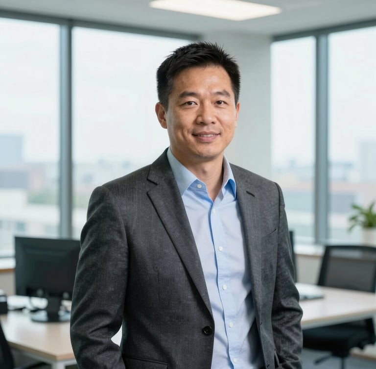A professional editorial portrait of Tony Truong in a bright, naturally lit Etobicoke office space, clean corporate teal tones, sharp focus, 35mm lens