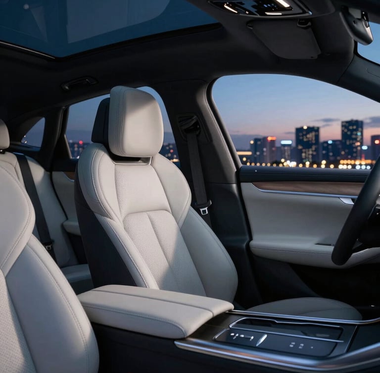 Sleek executive sedan interior, clean leather details, soft twilight city lights reflecting on polished surfaces, professional cinematic lighting, 50mm lens