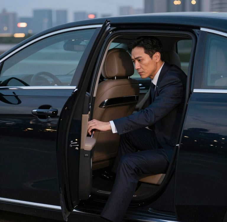 Sleek professional driver in a dark suit opening the rear door of a premium black sedan, soft morning light, clean reflections, cinematic composition