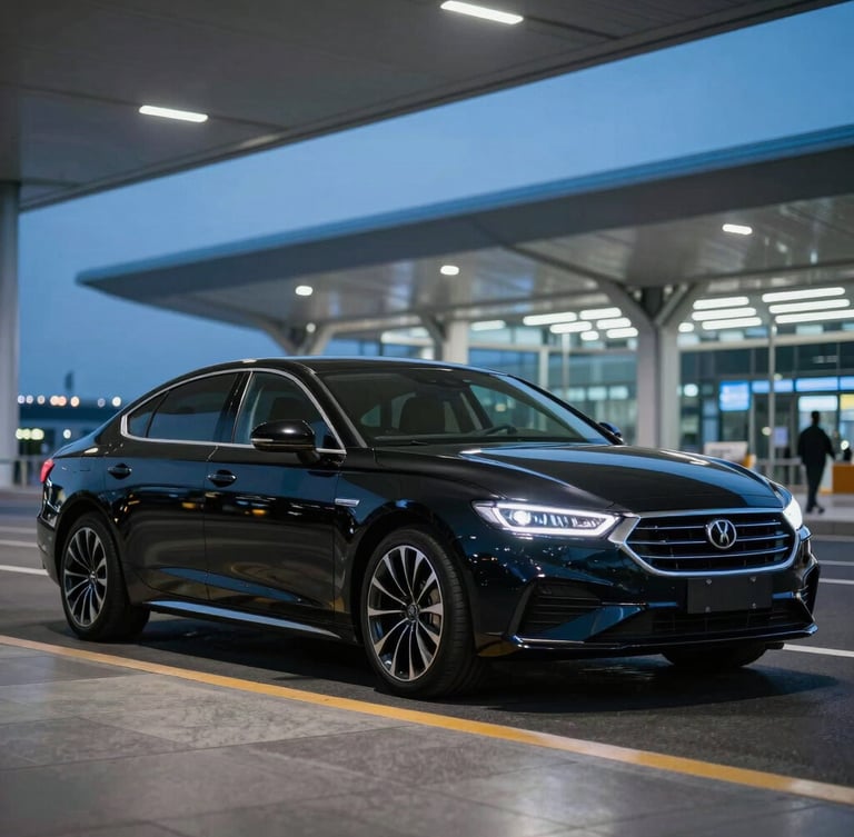 Sleek executive sedan parked outside a modern airport terminal at twilight, soft blue lighting, cinematic reflections on polished black paint, 50mm lens.