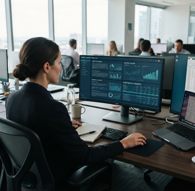 Over-the-shoulder shot of a professional analyzing complex energy contracts and spreadsheets on a monitor, crisp corporate photography, natural daylight, deep navy tones.