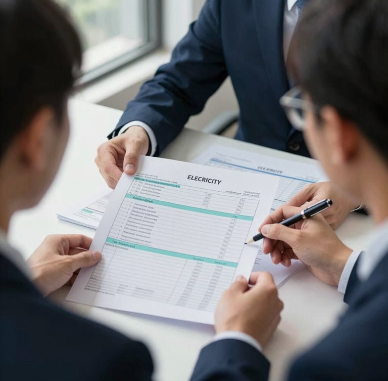 Over-the-shoulder view of an energy consultant reviewing printed electricity bills and a spreadsheet on a desk, natural window light, organized papers, energy meter printout visible, crisp corporate photography, navy and teal tones, 35mm